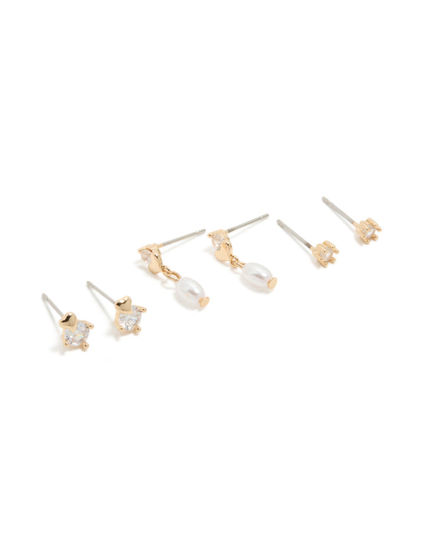 Gold Cubic Zirconia & Pearl Stud Earrings 3-Pack