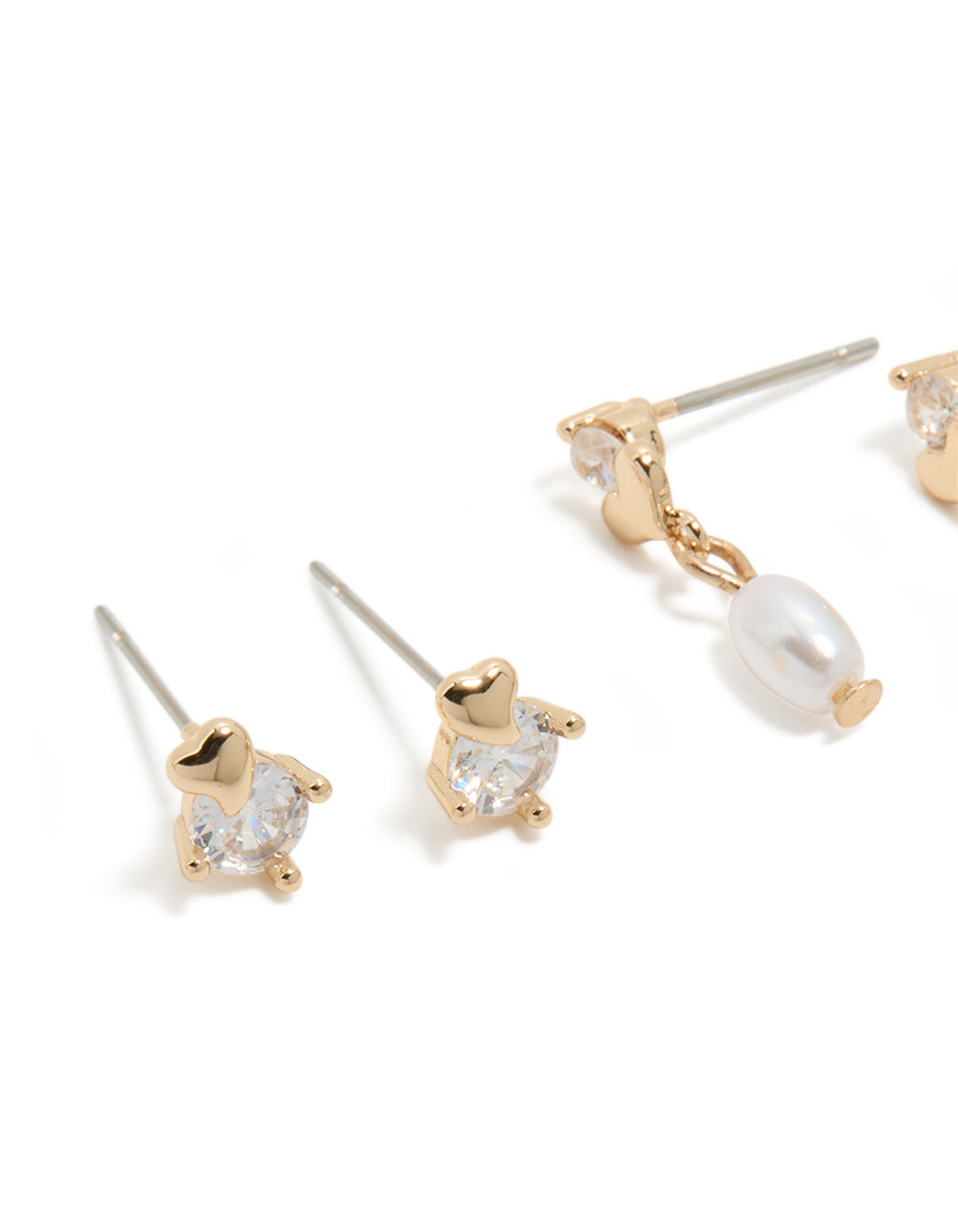 Stunning gold cubic zirconia and pearl stud earrings 3-pack with heart closure close up view