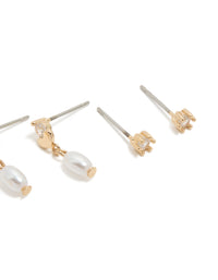 Gold Cubic Zirconia & Pearl Stud Earrings 3-Pack - link has visual effect only