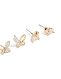Gold Cubic Zirconia Butterfly & Heart Stud Earrings 3-Pack - link has visual effect only
