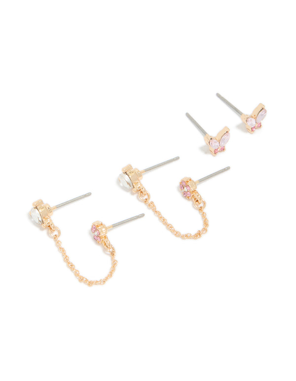 Gold Diamante Butterfly & Chain Earrings Pack