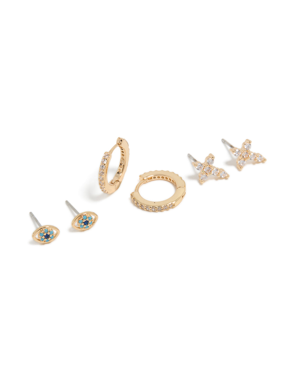 Gold Cubic Zirconia Evil Eye & Cross Earrings 3-Pack