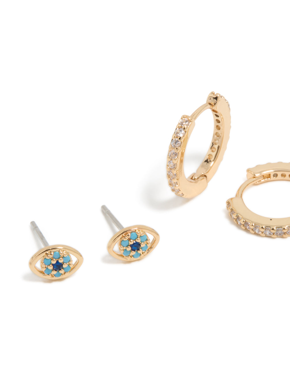 Gold Cubic Zirconia Evil Eye & Cross Earrings 3-Pack