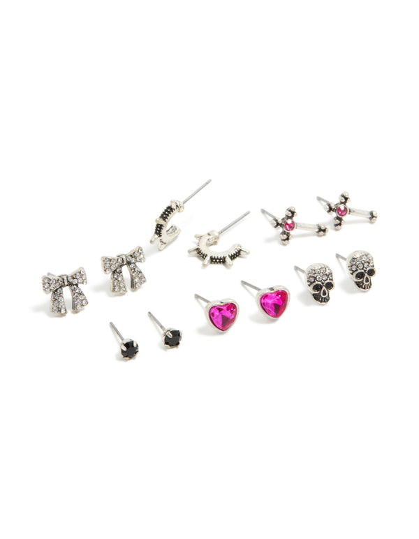 Silver Bow, Heart & Cross Earrings 6-Pack