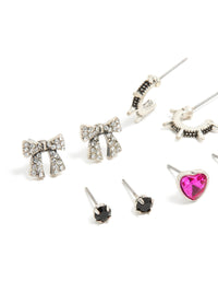 Silver Bow, Heart & Cross Earrings 6-Pack - link has visual effect only
