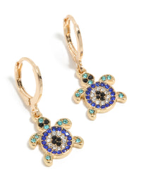 Showcasing gold with blue diamante turtle huggie earrings with ocean-inspired design featuring turquoise and black accents in a front view - link has visual effect only