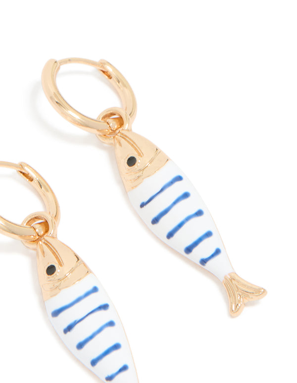 Crafted as fish huggie earrings with a striped pattern and ocean theme, post detail view