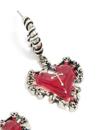 Silver Gothic Red Heart Charm Huggie Earrings - link has visual effect only
