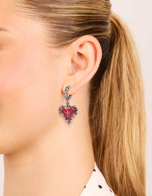 Silver Gothic Red Heart Charm Huggie Earrings