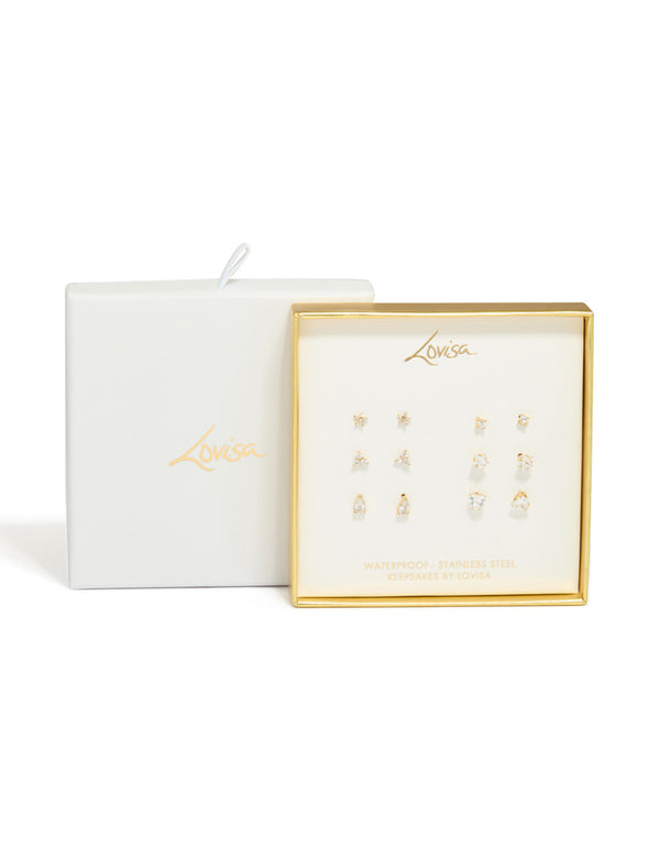 Presenting a dainty waterproof stainless steel set featuring star accents and crystal embellishments with cubic zirconia, in gold plated stud closure front view