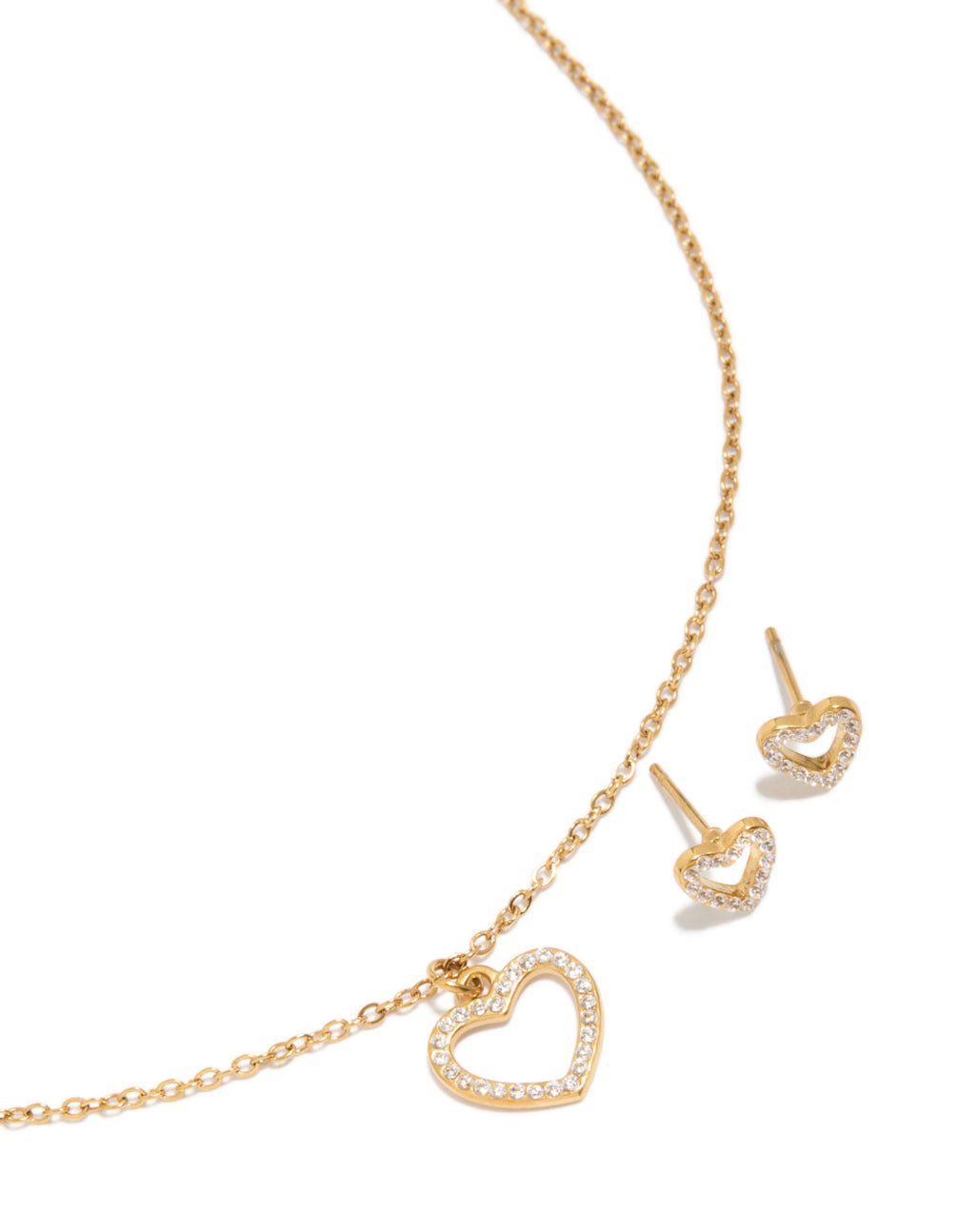 Waterproof Gold Plated Stainless Steel Cubic Zirconia Heart Necklace & Earrings Set