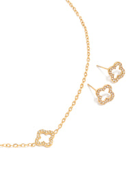 Waterproof Gold Plated Stainless Steel Cubic Zirconia Flower Necklace & Earrings Set - link has visual effect only