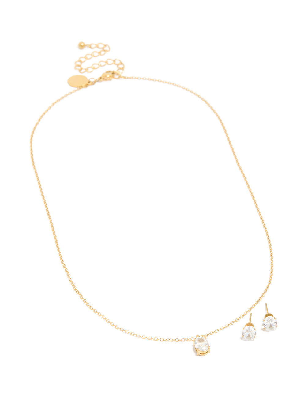 Waterproof Gold Plated Stainless Steel Cubic Zirconia Oval Necklace & Earrings Set