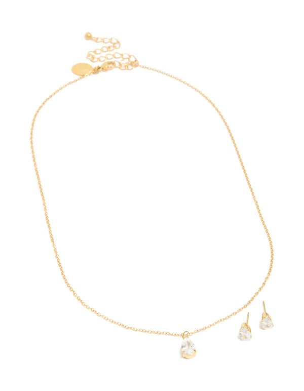Waterproof Gold Plated Stainless Steel Cubic Zirconia Pear Necklace & Earrings Set