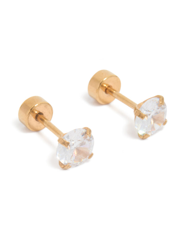 Discover kids gold plated surgical steel cubic zirconia flat back studs front view