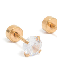 Featuring kids gold plated surgical steel cubic zirconia flat back studs close up view - link has visual effect only