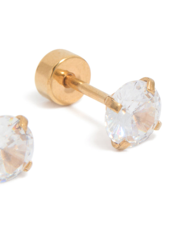 Crafted from surgical steel, kids gold plated cubic zirconia flat back studs post detail view