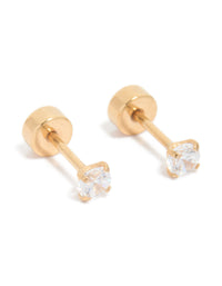 Showcasing kids classic flat back studs crafted from surgical steel with cubic zirconia stones in gold plated finish front view - link has visual effect only