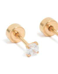 Beautifully designed kids classic flat back studs featuring surgical steel with cubic zirconia in gold plated finish close up view - link has visual effect only