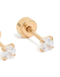 Highlighting kids classic flat back studs with surgical steel and cubic zirconia in gold plated finish post detail view - link has visual effect only