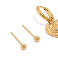 Waterproof Gold Plated Stainless Steel Heart Evil Eye Huggie & Ball Stud Earrings 2-Pack - link has visual effect only
