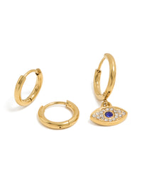 Waterproof Gold Plated Stainless Steel & Diamante  Evil Eye Huggie Earrings 2-Pack - link has visual effect only