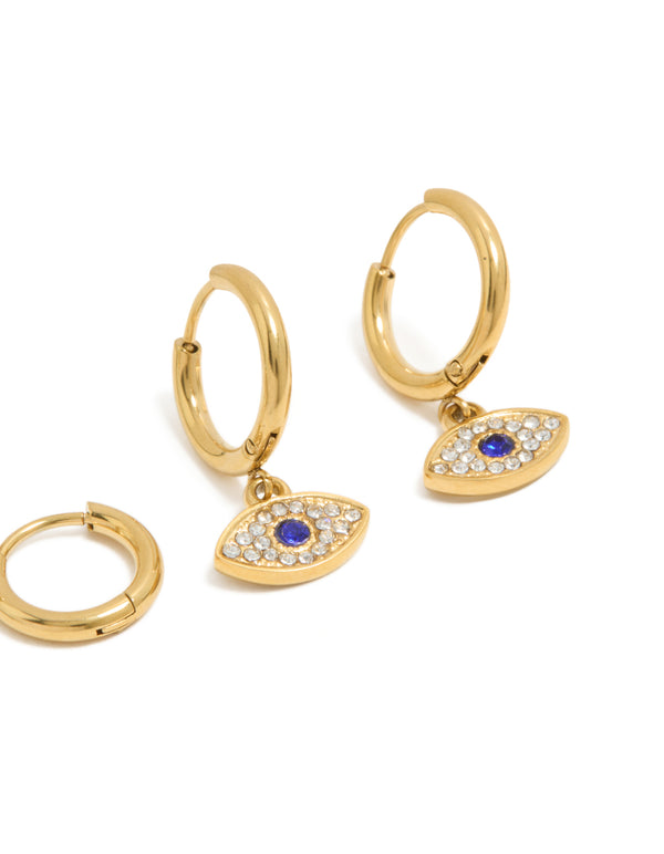 Waterproof Gold Plated Stainless Steel & Diamante  Evil Eye Huggie Earrings 2-Pack