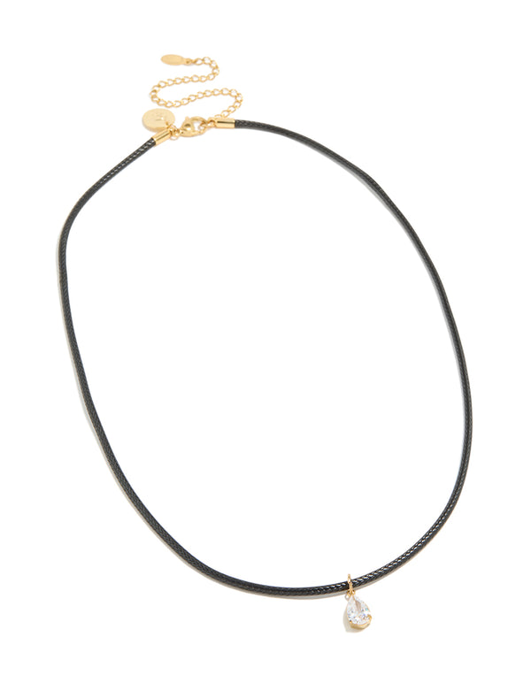 Waterproof Gold Plated Stainless Steel Pear Cubic Zirconia Pendant Cord Necklace