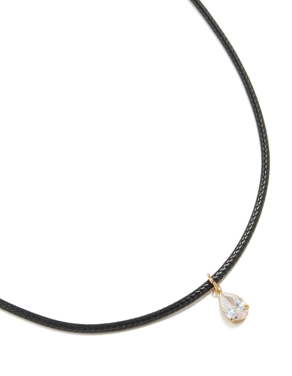 Waterproof Gold Plated Stainless Steel Pear Cubic Zirconia Pendant Cord Necklace