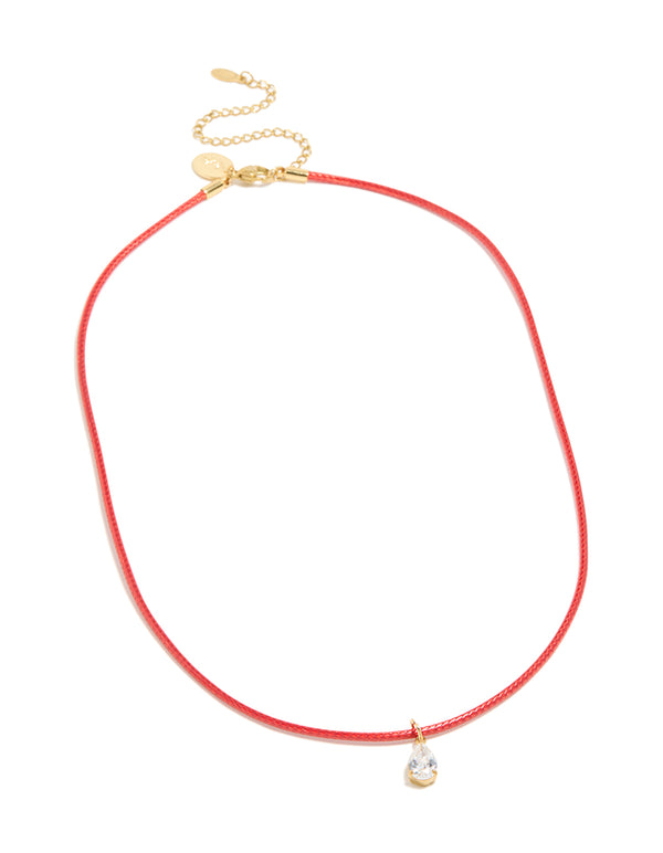 Waterproof Gold Plated Stainless Steel Pear Cubic Zirconia Drop Pink Cord Necklace