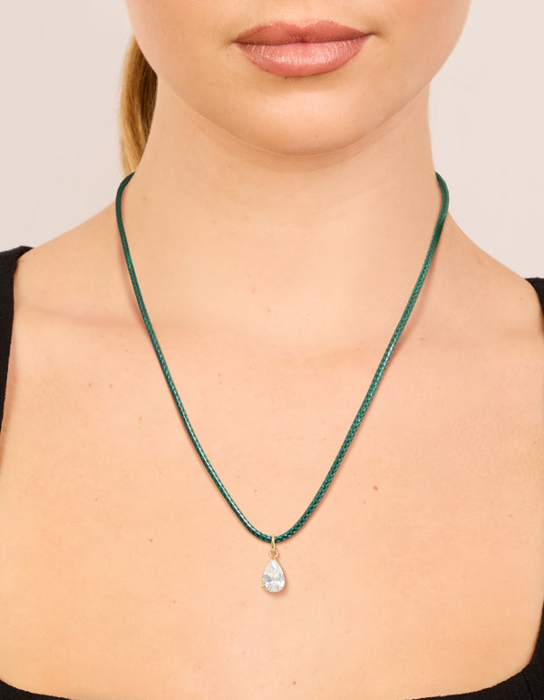 Waterproof Gold Plated Stainless Steel Pear Cubic Zirconia Drop Dark Green Cord Necklace