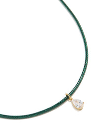 Waterproof Gold Plated Stainless Steel Pear Cubic Zirconia Drop Dark Green Cord Necklace - link has visual effect only