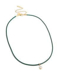 Waterproof Gold Plated Stainless Steel Pear Cubic Zirconia Drop Dark Green Cord Necklace - link has visual effect only