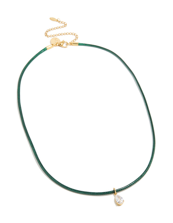 Waterproof Gold Plated Stainless Steel Pear Cubic Zirconia Drop Dark Green Cord Necklace