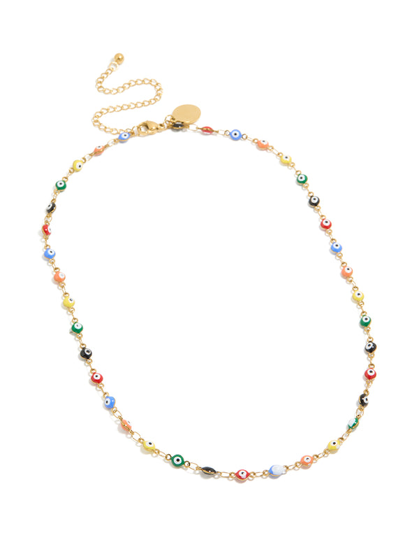 Waterproof Gold Plated Stainless Steel Multicoloured  Evil Eye Charms Necklace
