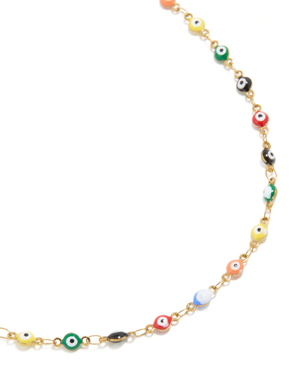Waterproof Gold Plated Stainless Steel Multicoloured  Evil Eye Charms Necklace