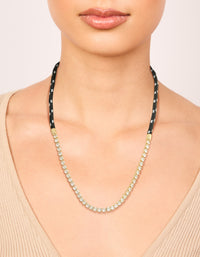 Waterproof Gold Plated Stainless Steel Half Tennis & Half Black Cord Necklace - link has visual effect only