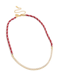 Waterproof Gold Plated Stainless Steel  Half Tennis & Half Burgundy Cord Necklace - link has visual effect only