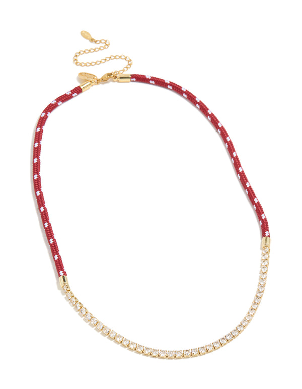 Waterproof Gold Plated Stainless Steel  Half Tennis & Half Burgundy Cord Necklace