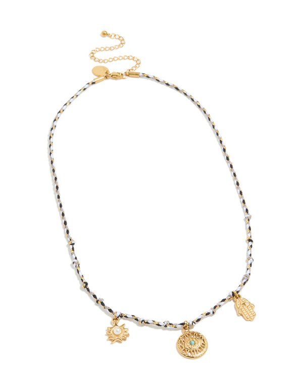 Waterproof Gold Plated Stainless Steel Hamsa  Hand & Eye Charm Black Cord Necklace
