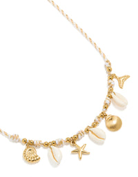 Waterproof Gold Plated Stainless Steel Shell Charm White Cord Necklace - link has visual effect only