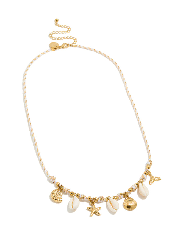 Waterproof Gold Plated Stainless Steel Shell Charm White Cord Necklace