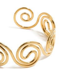 Crafted from waterproof gold plated stainless steel swirl bendy wrist cuff bangle in statement styling close up view - link has visual effect only