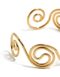Presenting a waterproof gold plated stainless steel swirl bendy wrist cuff bangle with statement styling closure detail view - link has visual effect only