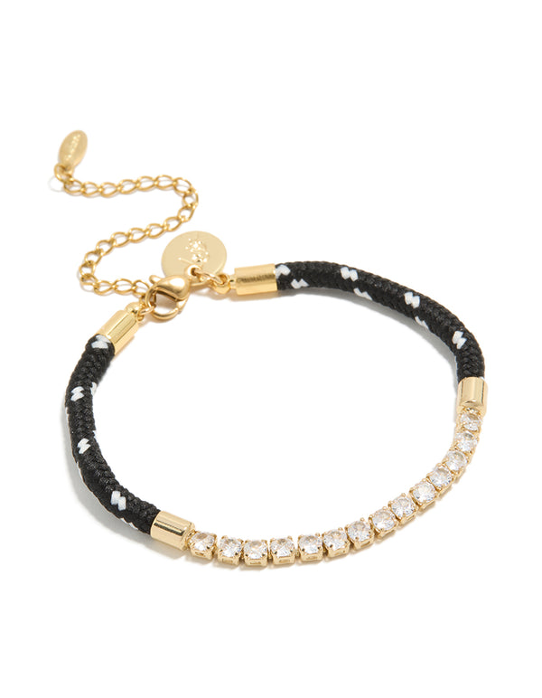 Waterproof Gold Plated Stainless Steel Half Tennis & Half Black Cord Bracelet
