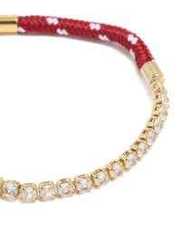 Waterproof Gold Plated Stainless Steel Half Tennis & Half Burgundy Cord Bracelet - link has visual effect only
