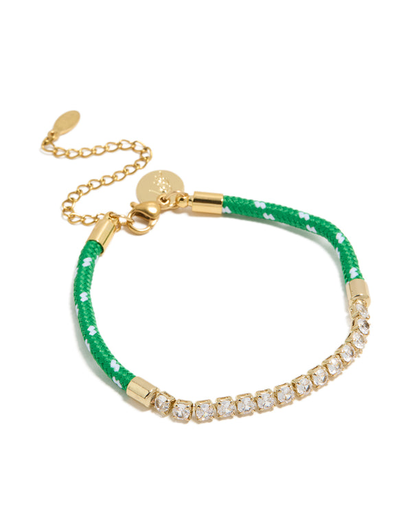 Waterproof Gold Plated Stainless Steel  Half Tennis & Half Vibrant Green Cord Bracelet