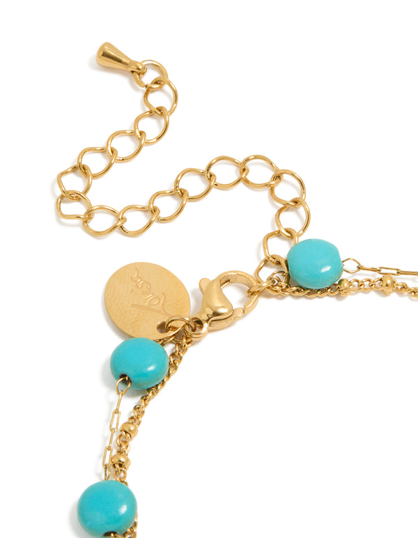 Waterproof Gold Plated Stainless Steel Disc Turquoise Semi Precious Stone & Green Stone Bracelets 2-Pack