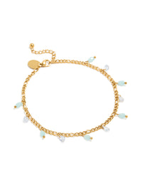 Featuring a waterproof gold plated stainless steel anklet with aqua beaded and cubic zirconia droplet charms front view - link has visual effect only