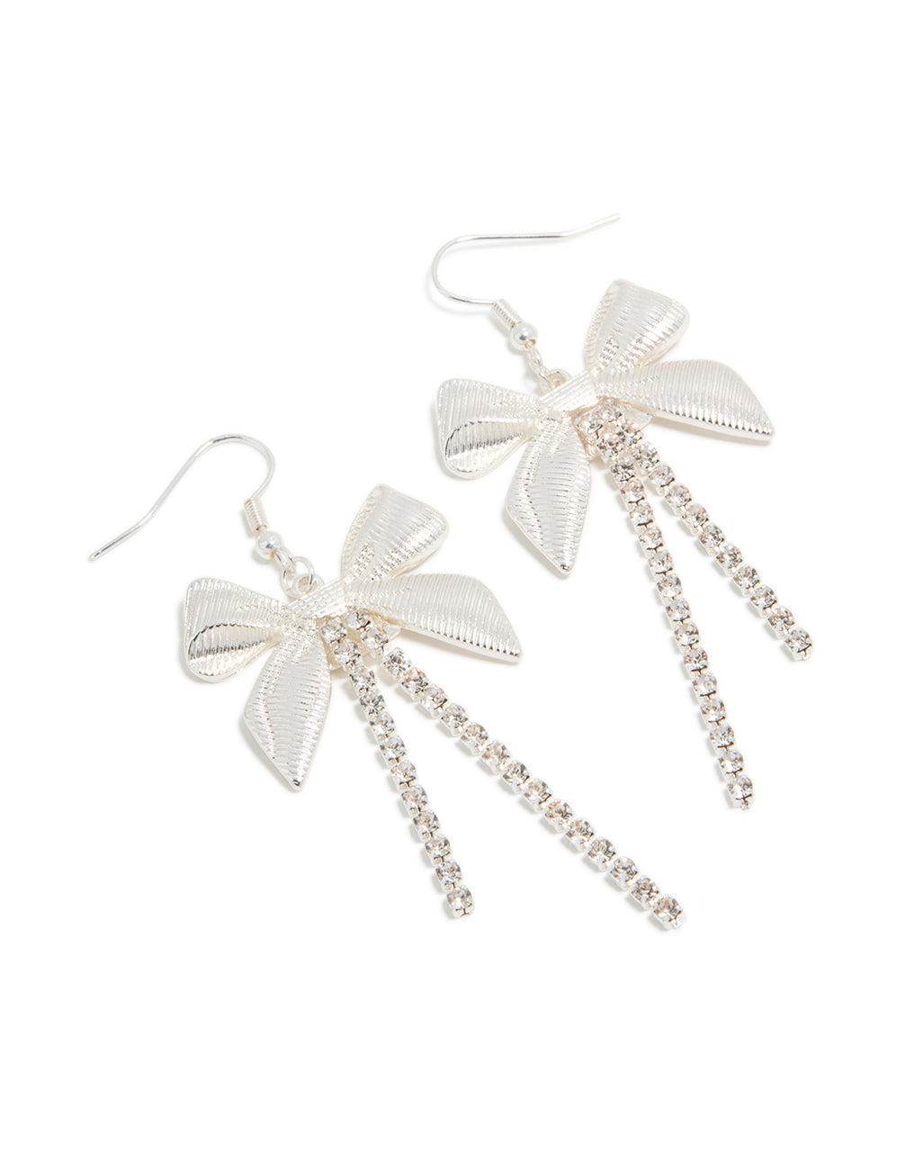 Elegant ribbed bow with cupchain drop earrings in silver front view